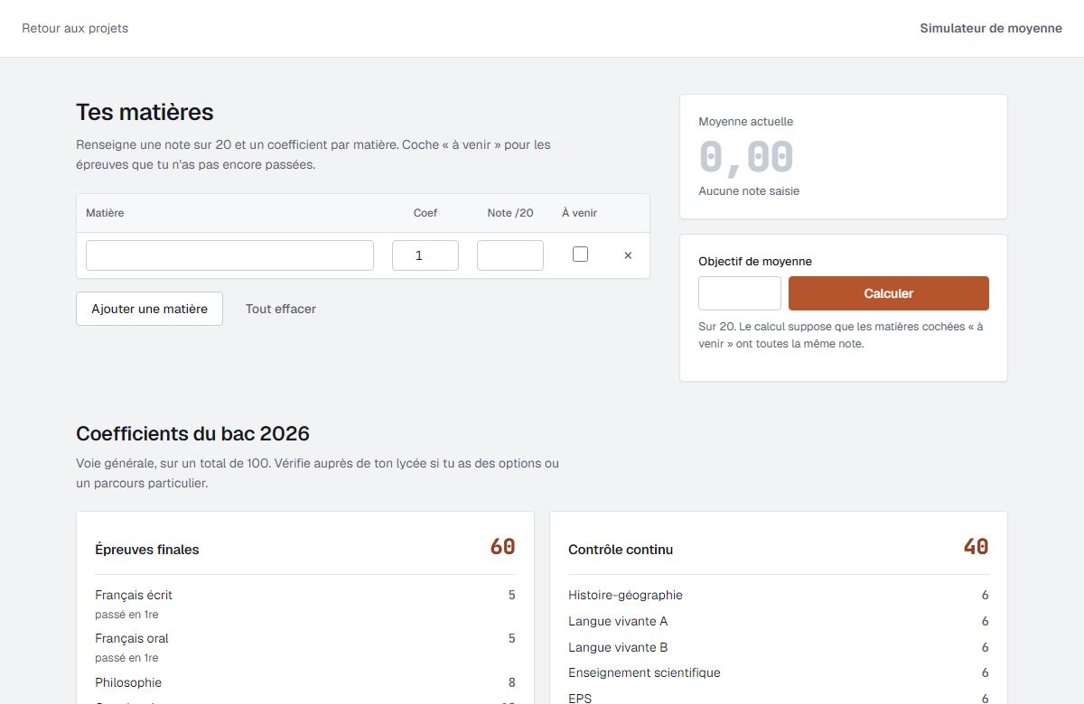 Aperçu du simulateur de moyenne du bac