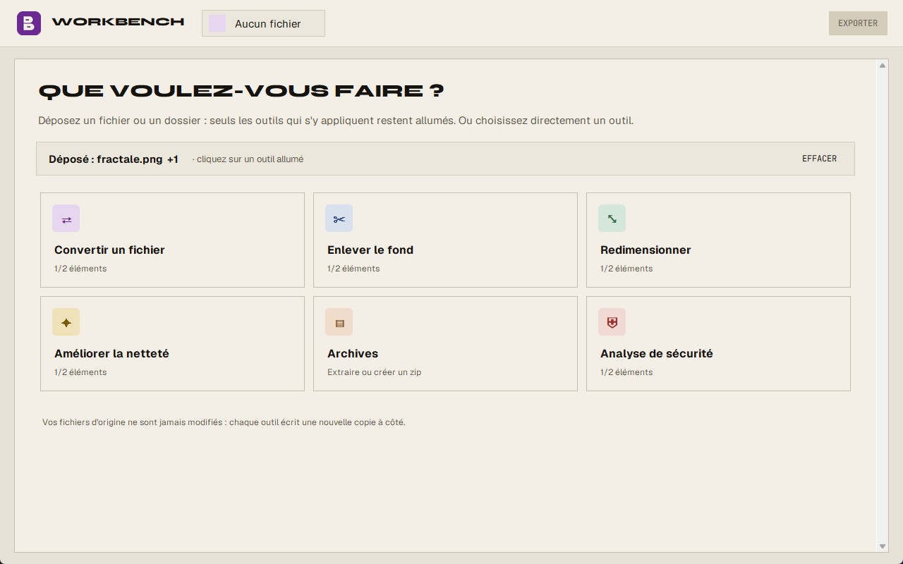 Accueil de Workbench : une image et un dossier déposés, la grille des six outils